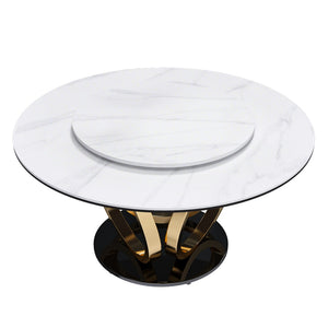 English Elm 59" Round Sintered Stone Dining Table with Lazy Susan for Modern Family Gatherings W2699S00119