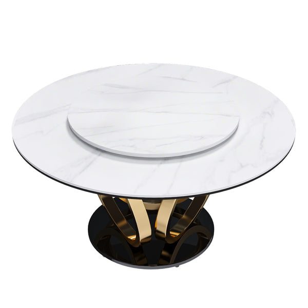 English Elm 59" Round Sintered Stone Dining Table with Lazy Susan for Modern Family Gatherings W2699S00119