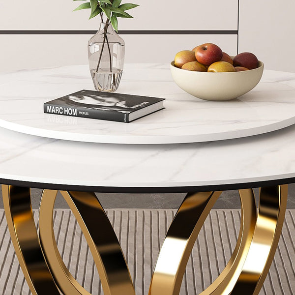 English Elm 59" Round Sintered Stone Dining Table with Lazy Susan for Modern Family Gatherings W2699S00119