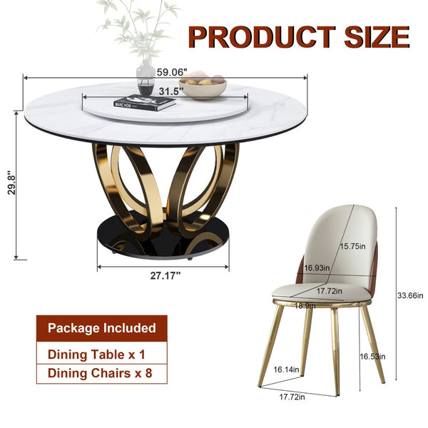 English Elm 59" Round Sintered Stone Dining Table Built-in Lazy Susan Seats 8 Modern Minimalist W2699S00122