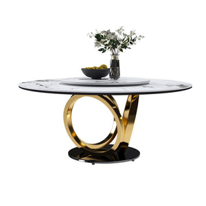 English Elm 53" Round Sintered Stone Dining Table with Built-in Lazy Susan for Modern Dinettes W2699S00123