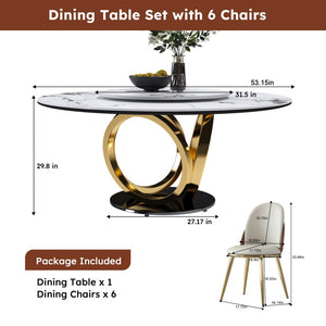 English Elm 53 Inch Round Sintered Stone Dining Table with Built-In Lazy Susan Seats Six W2699S00125