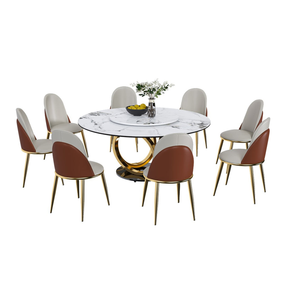 English Elm 53" Round Sintered Stone Dining Table Seats 8 with Integrated Rotating Lazy Susan W2699S00126