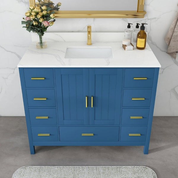 English Elm 42 Inch Bathroom Vanity with Carrara Quartz Top Nine Drawers and Gold Hardware Blue 1 Hole W2699S00131