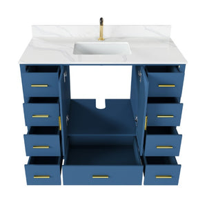 English Elm 42 Inch Bathroom Vanity with Carrara Quartz Top Nine Drawers and Gold Hardware Blue 1 Hole W2699S00131
