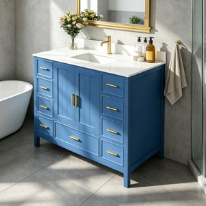 English Elm 42 Inch Bathroom Vanity with Carrara Quartz Top Nine Drawers and Gold Hardware Blue 1 Hole W2699S00131