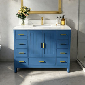 English Elm 42 Inch Bathroom Vanity with Carrara Quartz Top Nine Drawers and Gold Hardware Blue 1 Hole W2699S00131