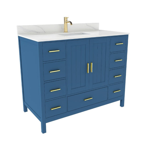English Elm 42 Inch Bathroom Vanity with Carrara Quartz Top Nine Drawers and Gold Hardware Blue 1 Hole W2699S00131