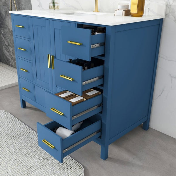 English Elm 42 Inch Bathroom Vanity with Carrara Quartz Top Nine Drawers and Gold Hardware Blue 1 Hole W2699S00131