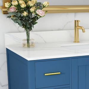 English Elm 42 Inch Bathroom Vanity with Carrara Quartz Top Nine Drawers and Gold Hardware Blue 1 Hole W2699S00131