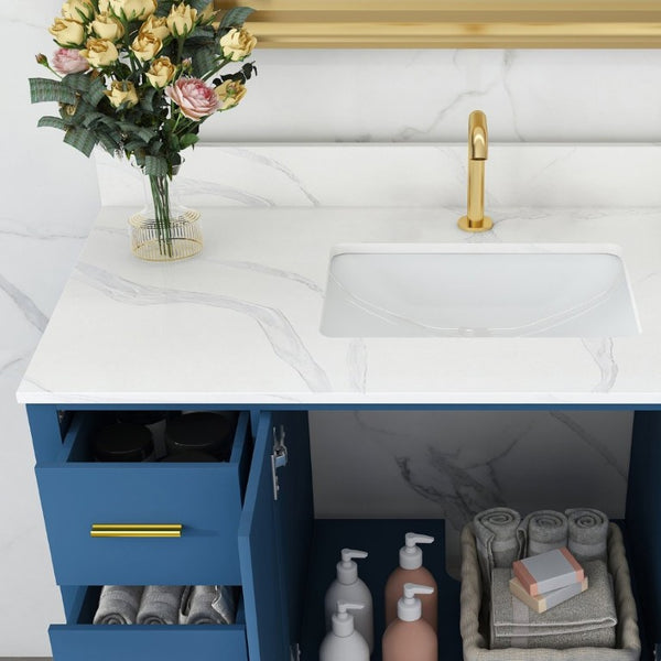 English Elm 42 Inch Bathroom Vanity with Carrara Quartz Top Nine Drawers and Gold Hardware Blue 1 Hole W2699S00131