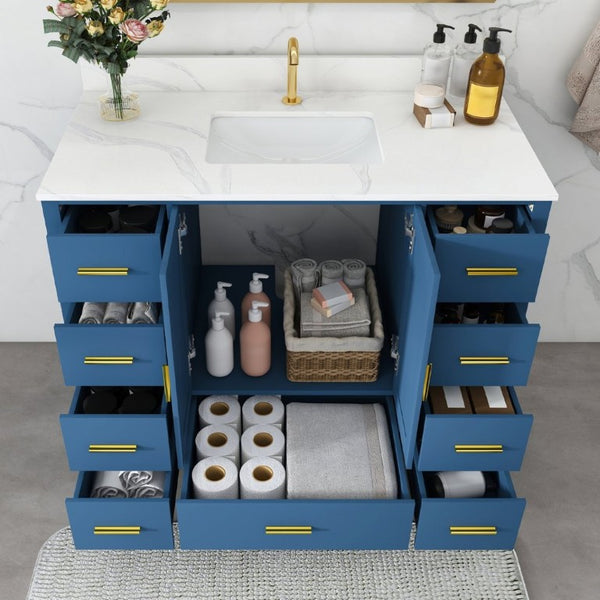English Elm 42 Inch Bathroom Vanity with Carrara Quartz Top Nine Drawers and Gold Hardware Blue 1 Hole W2699S00131