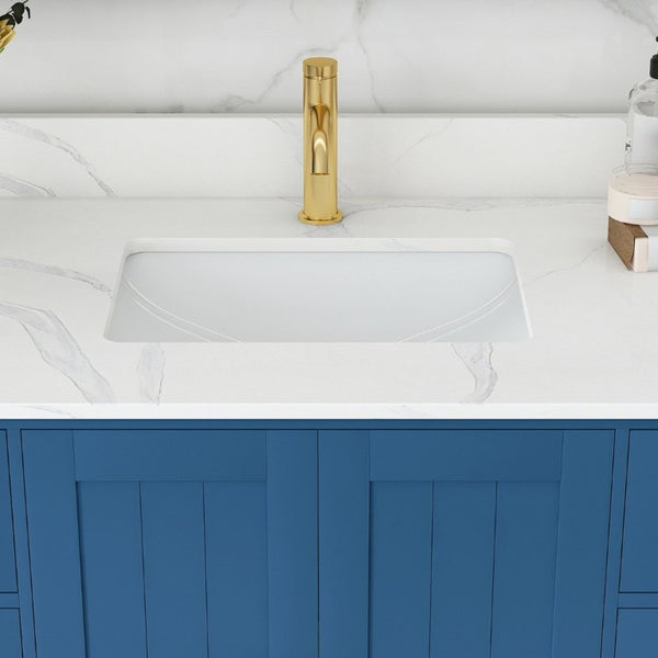 English Elm 42 Inch Bathroom Vanity with Carrara Quartz Top Nine Drawers and Gold Hardware Blue 1 Hole W2699S00131