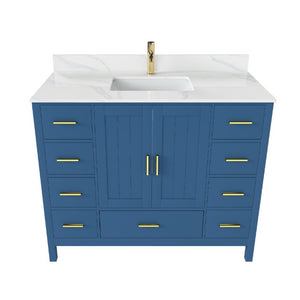 English Elm 42 Inch Bathroom Vanity with Carrara Quartz Top Nine Drawers and Gold Hardware Blue 1 Hole W2699S00131