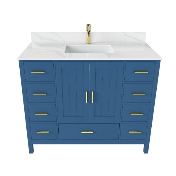 English Elm 42 Inch Bathroom Vanity with Carrara Quartz Top Nine Drawers and Gold Hardware Blue 1 Hole W2699S00131