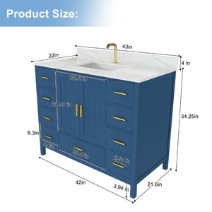 English Elm 42 Inch Bathroom Vanity with Carrara Quartz Top Nine Drawers and Gold Hardware Blue 1 Hole W2699S00131