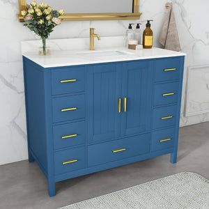 English Elm 42 Inch Bathroom Vanity with Carrara Quartz Top Nine Drawers and Gold Hardware Blue 1 Hole W2699S00131