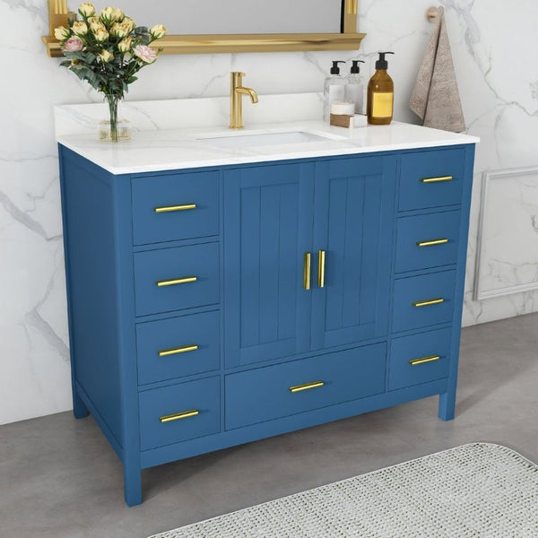 English Elm 42 Inch Bathroom Vanity with Carrara Quartz Top Nine Drawers and Gold Hardware Blue 1 Hole W2699S00131