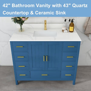 English Elm 42 Inch Bathroom Vanity with Carrara Quartz Top Nine Drawers and Gold Hardware Blue 1 Hole W2699S00131