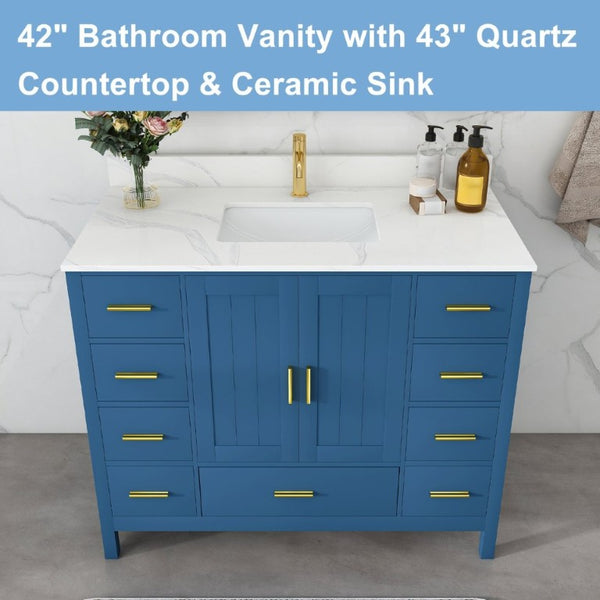 English Elm 42 Inch Bathroom Vanity with Carrara Quartz Top Nine Drawers and Gold Hardware Blue 1 Hole W2699S00131