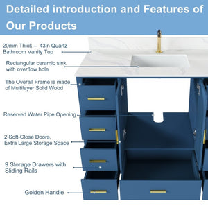 English Elm 42 Inch Bathroom Vanity with Carrara Quartz Top Nine Drawers and Gold Hardware Blue 1 Hole W2699S00131