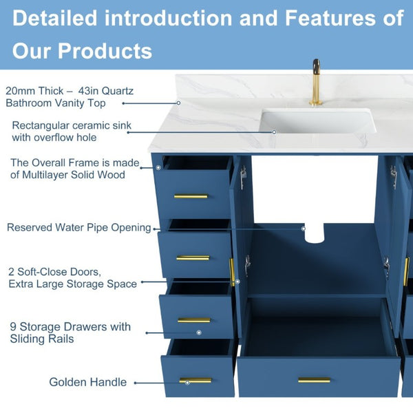 English Elm 42 Inch Bathroom Vanity with Carrara Quartz Top Nine Drawers and Gold Hardware Blue 1 Hole W2699S00131