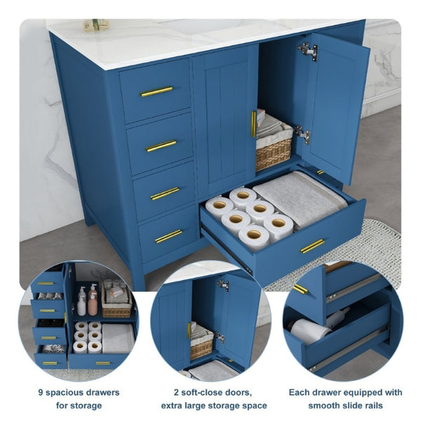 English Elm 42 Inch Bathroom Vanity with Carrara Quartz Top Nine Drawers and Gold Hardware Blue 1 Hole W2699S00131