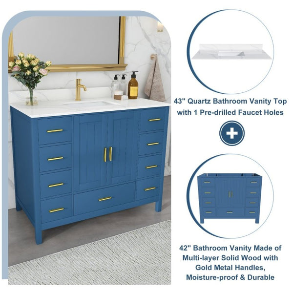 English Elm 42 Inch Bathroom Vanity with Carrara Quartz Top Nine Drawers and Gold Hardware Blue 1 Hole W2699S00131