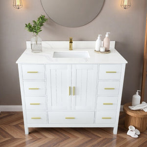 English Elm 42 Inch Bathroom Vanity with Carrara Quartz Top Nine Drawers and Gold Hardware White 1 Hole W2699S00132