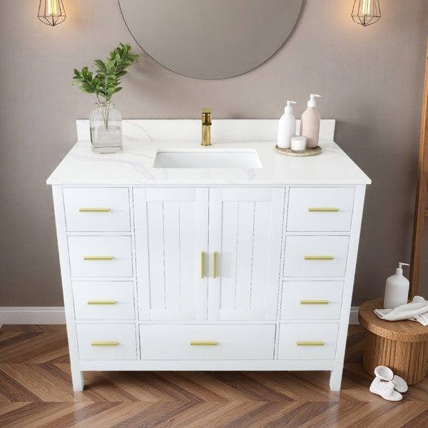 English Elm 42 Inch Bathroom Vanity with Carrara Quartz Top Nine Drawers and Gold Hardware White 1 Hole W2699S00132