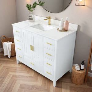 English Elm 42 Inch Bathroom Vanity with Carrara Quartz Top Nine Drawers and Gold Hardware White 1 Hole W2699S00132