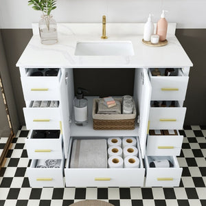 English Elm 42 Inch Bathroom Vanity with Carrara Quartz Top Nine Drawers and Gold Hardware White 1 Hole W2699S00132