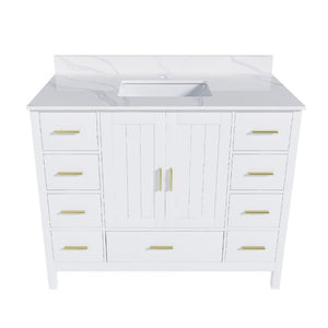English Elm 42 Inch Bathroom Vanity with Carrara Quartz Top Nine Drawers and Gold Hardware White 1 Hole W2699S00132