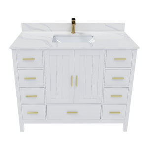 English Elm 42 Inch Bathroom Vanity with Carrara Quartz Top Nine Drawers and Gold Hardware White 1 Hole W2699S00132