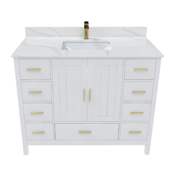 English Elm 42 Inch Bathroom Vanity with Carrara Quartz Top Nine Drawers and Gold Hardware White 1 Hole W2699S00132
