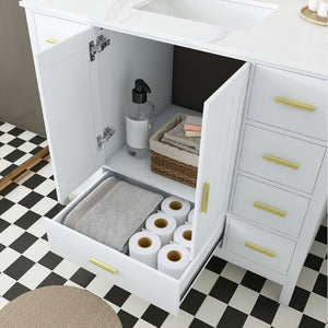 English Elm 42 Inch Bathroom Vanity with Carrara Quartz Top Nine Drawers and Gold Hardware White 1 Hole W2699S00132