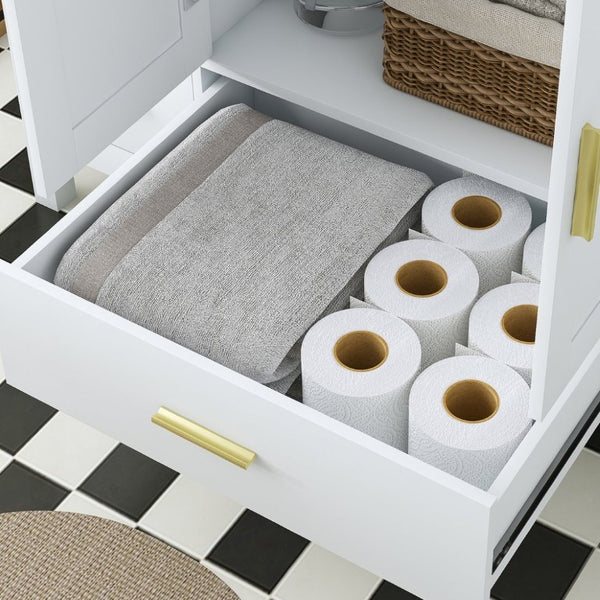 English Elm 42 Inch Bathroom Vanity with Carrara Quartz Top Nine Drawers and Gold Hardware White 1 Hole W2699S00132