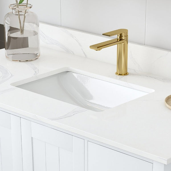 English Elm 42 Inch Bathroom Vanity with Carrara Quartz Top Nine Drawers and Gold Hardware White 1 Hole W2699S00132