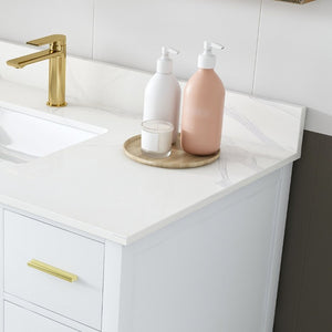English Elm 42 Inch Bathroom Vanity with Carrara Quartz Top Nine Drawers and Gold Hardware White 1 Hole W2699S00132