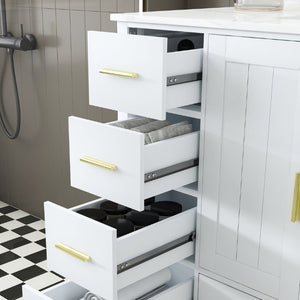 English Elm 42 Inch Bathroom Vanity with Carrara Quartz Top Nine Drawers and Gold Hardware White 1 Hole W2699S00132