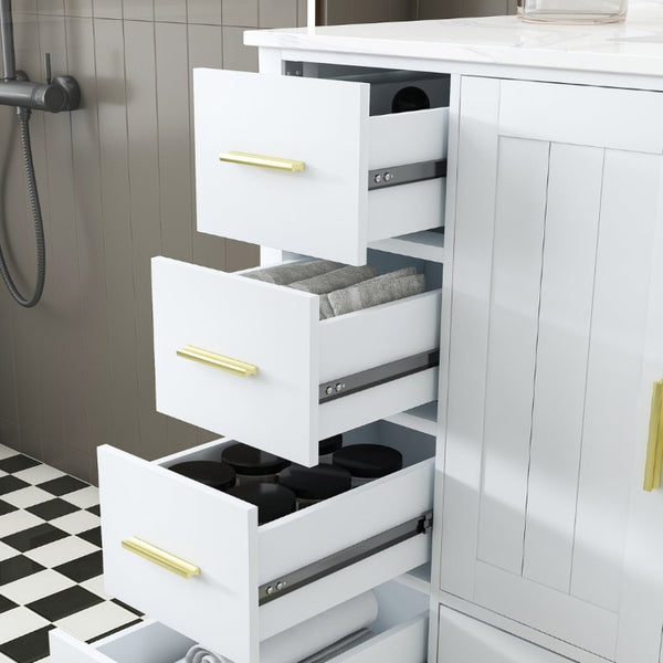 English Elm 42 Inch Bathroom Vanity with Carrara Quartz Top Nine Drawers and Gold Hardware White 1 Hole W2699S00132