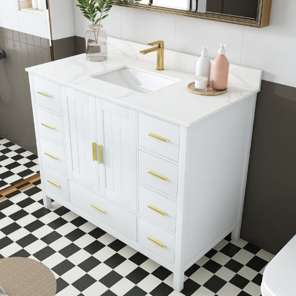 English Elm 42 Inch Bathroom Vanity with Carrara Quartz Top Nine Drawers and Gold Hardware White 1 Hole W2699S00132