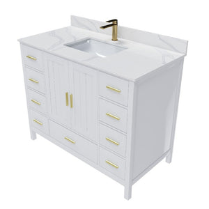 English Elm 42 Inch Bathroom Vanity with Carrara Quartz Top Nine Drawers and Gold Hardware White 1 Hole W2699S00132