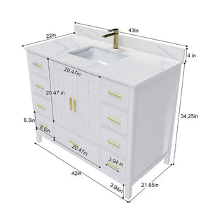 English Elm 42 Inch Bathroom Vanity with Carrara Quartz Top Nine Drawers and Gold Hardware White 1 Hole W2699S00132