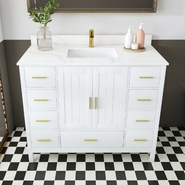 English Elm 42 Inch Bathroom Vanity with Carrara Quartz Top Nine Drawers and Gold Hardware White 1 Hole W2699S00132