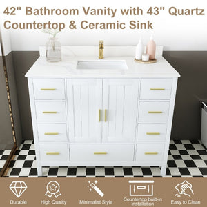 English Elm 42 Inch Bathroom Vanity with Carrara Quartz Top Nine Drawers and Gold Hardware White 1 Hole W2699S00132
