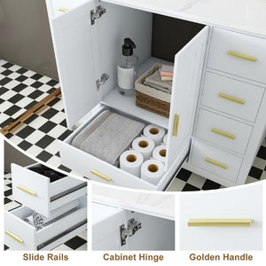 English Elm 42 Inch Bathroom Vanity with Carrara Quartz Top Nine Drawers and Gold Hardware White 1 Hole W2699S00132