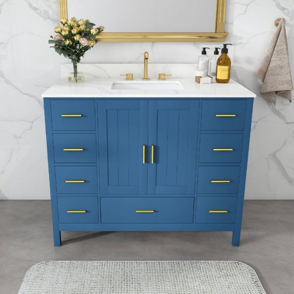 English Elm 42 Inch Bathroom Vanity with Carrara Quartz Top Nine Drawers and Gold Hardware Blue 3 Holes W2699S00133