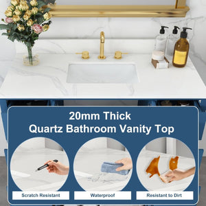 English Elm 42 Inch Bathroom Vanity with Carrara Quartz Top Nine Drawers and Gold Hardware Blue 3 Holes W2699S00133