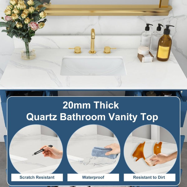 English Elm 42 Inch Bathroom Vanity with Carrara Quartz Top Nine Drawers and Gold Hardware Blue 3 Holes W2699S00133